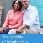 Smiling older couple sitting together outside a home, pictured on the cover of a guide titled "The Benefits of Membership" by OPERS.