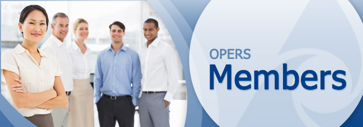 Five professionally dressed people stand together, smiling, next to a sign that reads "OPERS Members" on a blue and white background.