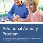 Smiling older man and woman sit at a table with documents; text promotes the Additional Annuity Program for pension contributors and retirees.
