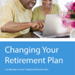 An older man and woman smiling while looking at a laptop, above text about changing a retirement plan for traditional pension members.