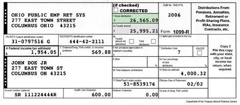 Form 1099-R from 2006 showing a gross distribution of $26,565.09 and federal income tax withheld of $569.88 for John Doe Jr. from Ohio Public Employees Retirement System.
