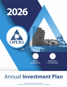 Cover of the 2026 OPERS Annual Investment Plan featuring the OPERS logo, a cityscape, and text about Defined Benefit and Health Care 115 Trust Funds.