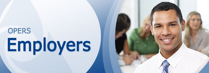 Smiling man in business attire sits in an office setting; behind him, a blurred group of people and the text "OPERS Employers" on the left.