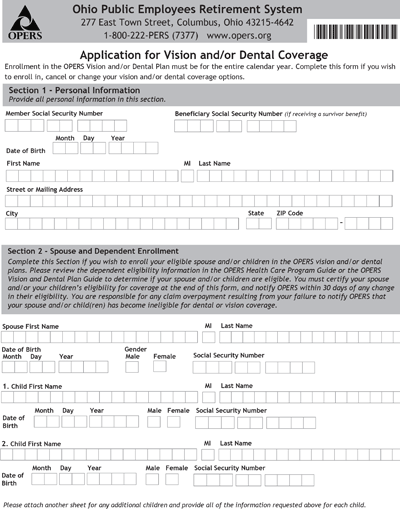 A form titled "Application for Vision and/or Dental Coverage" from Ohio Public Employees Retirement System, requesting personal, spouse, and dependent information.