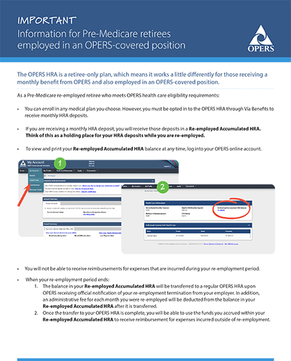Screenshot of an OPERS informational flyer explaining health care benefits for Pre-Medicare retirees employed in an OPERS-covered position, with annotated images showing online account steps.