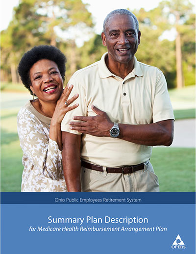 A smiling older couple stands outdoors, with the woman embracing the man from the side. The image is on the cover of a summary plan description for a Medicare Health Reimbursement Arrangement Plan.