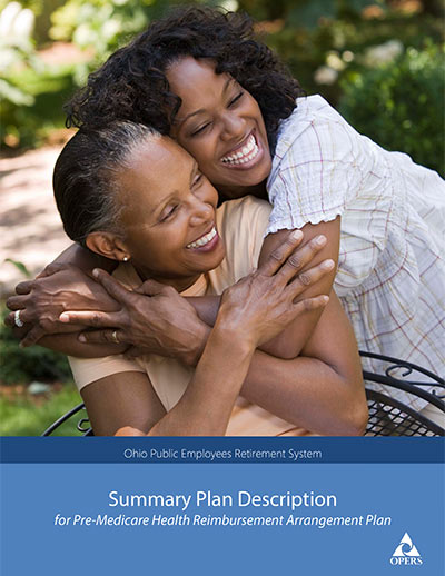 Two women smiling and hugging while sitting on a bench. The image is on the cover of a Summary Plan Description booklet for a pre-Medicare health reimbursement arrangement plan.