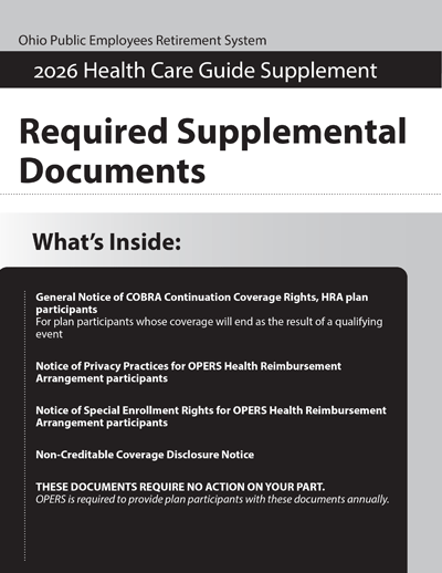 Cover page of the "2026 Health Care Guide Supplement" listing required supplemental documents for Ohio Public Employees Retirement System health care participants.