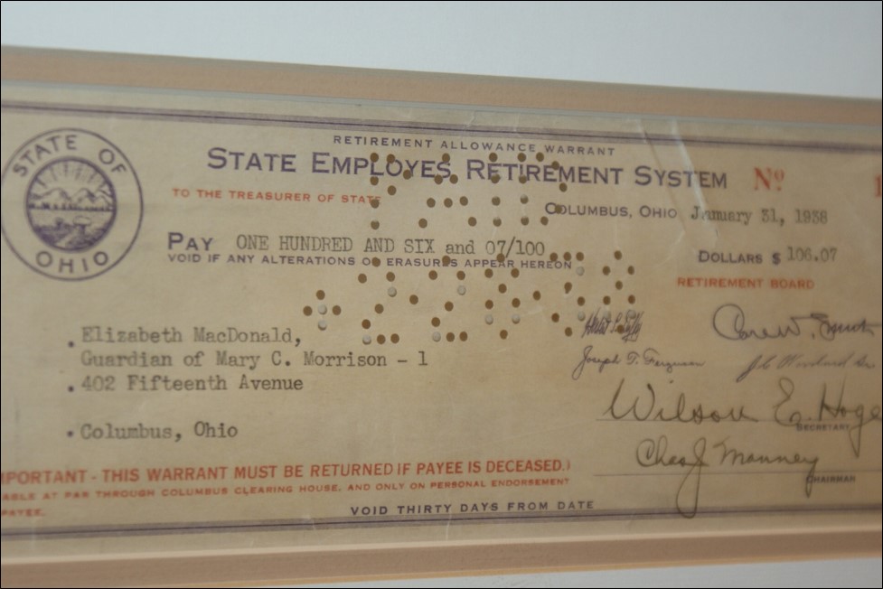 A retirement allowance warrant from the State Employees Retirement System of Ohio, dated January 31, 1938, payable to Elizabeth MacDonald, guardian of Mary C. Morrison.