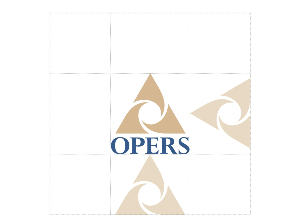 A tan triangular logo with curved shapes appears above the blue text "OPERS." Faded logo versions are in the lower right and bottom grid squares.