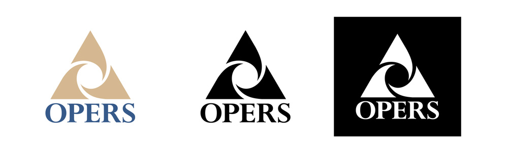 Three versions of the OPERS logo featuring a triangular shape with a circular swirl in the center and the word "OPERS" below in all caps.