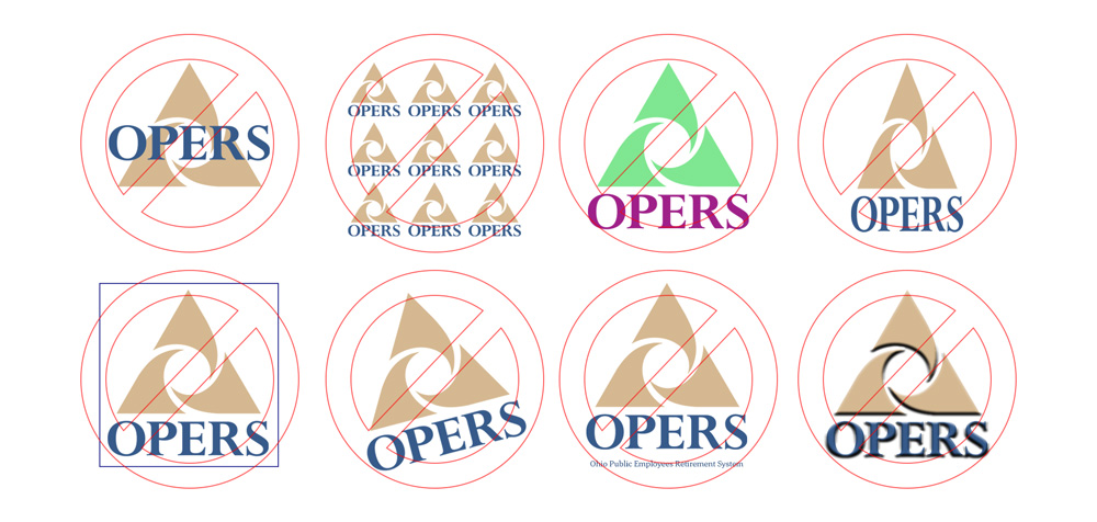 Nine circular graphic logos featuring the acronym "OPERS" in various geometric designs, primarily using triangles, curves, and lines in beige, blue, and green colors.