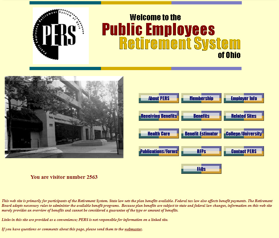 Screenshot of the Public Employees Retirement System of Ohio website homepage, displaying navigation buttons and a black-and-white building photo.