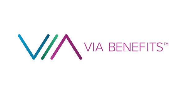 The image displays the VIA Benefits logo, featuring stylized "VIA" lines in blue, green, and magenta, with the words "VIA BENEFITS™" in purple text to the right.