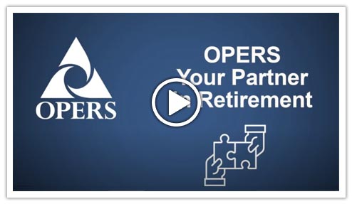 Blue background with the OPERS logo, text reading "OPERS Your Partner in Retirement," and an icon of two hands fitting puzzle pieces together. Play button in the center.