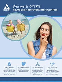 OPERS informational brochure cover showing two people on a beach, a woman thinking, and text about selecting a retirement plan.