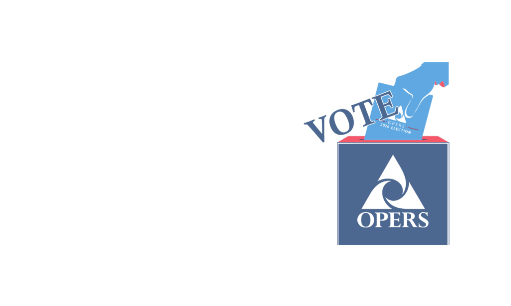 Illustration of a hand placing a voting ballot into a box labeled "OPERS" with the word "VOTE" above the ballot.