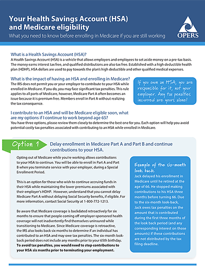 An informational flyer about Health Savings Accounts (HSAs) and Medicare eligibility, outlining options for delaying Medicare and continuing HSA contributions, with tips and important notes in callout boxes.